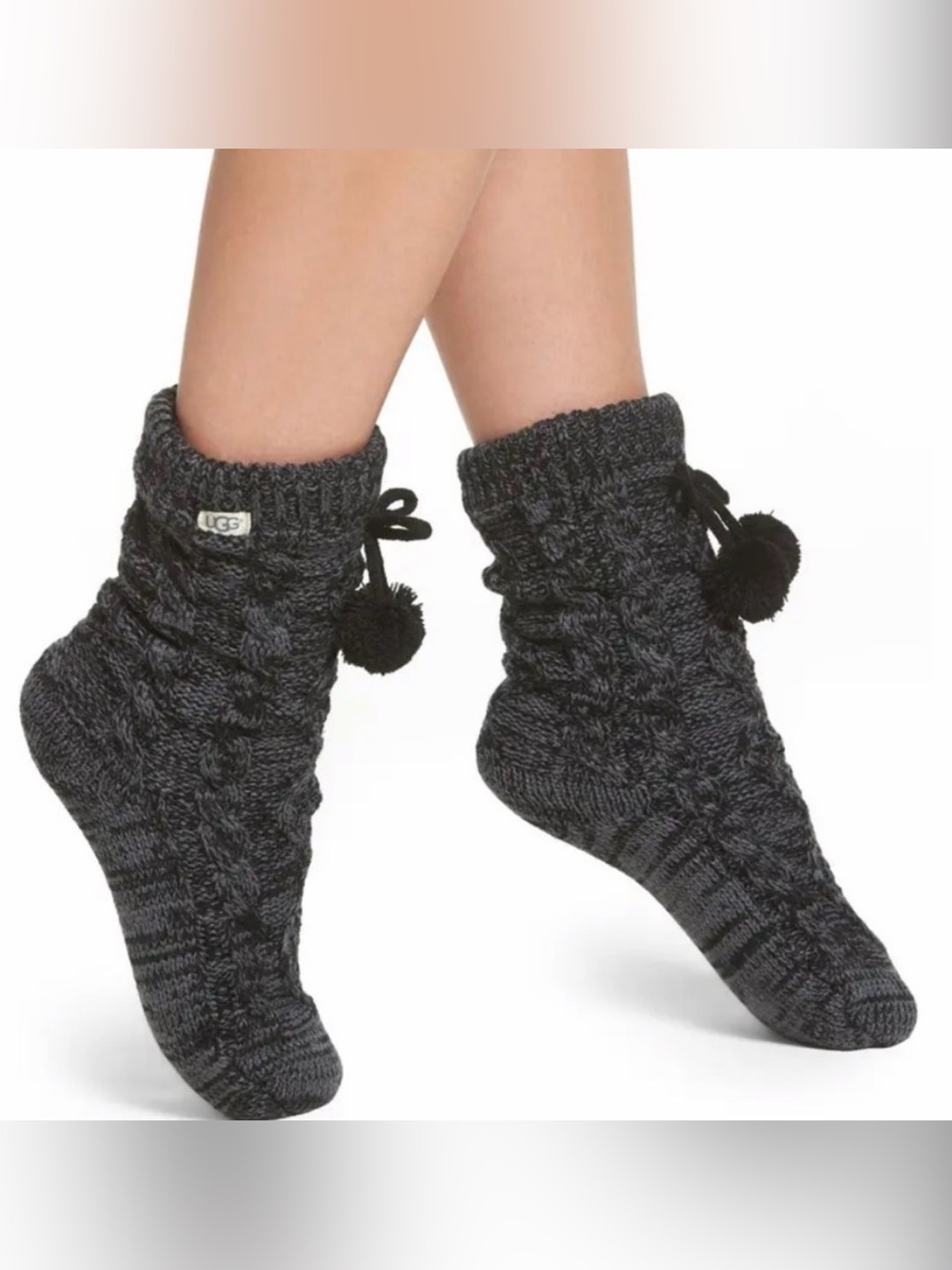 UGG Fleece Lined Charcoal Cable-Knit Pom Pom Socks